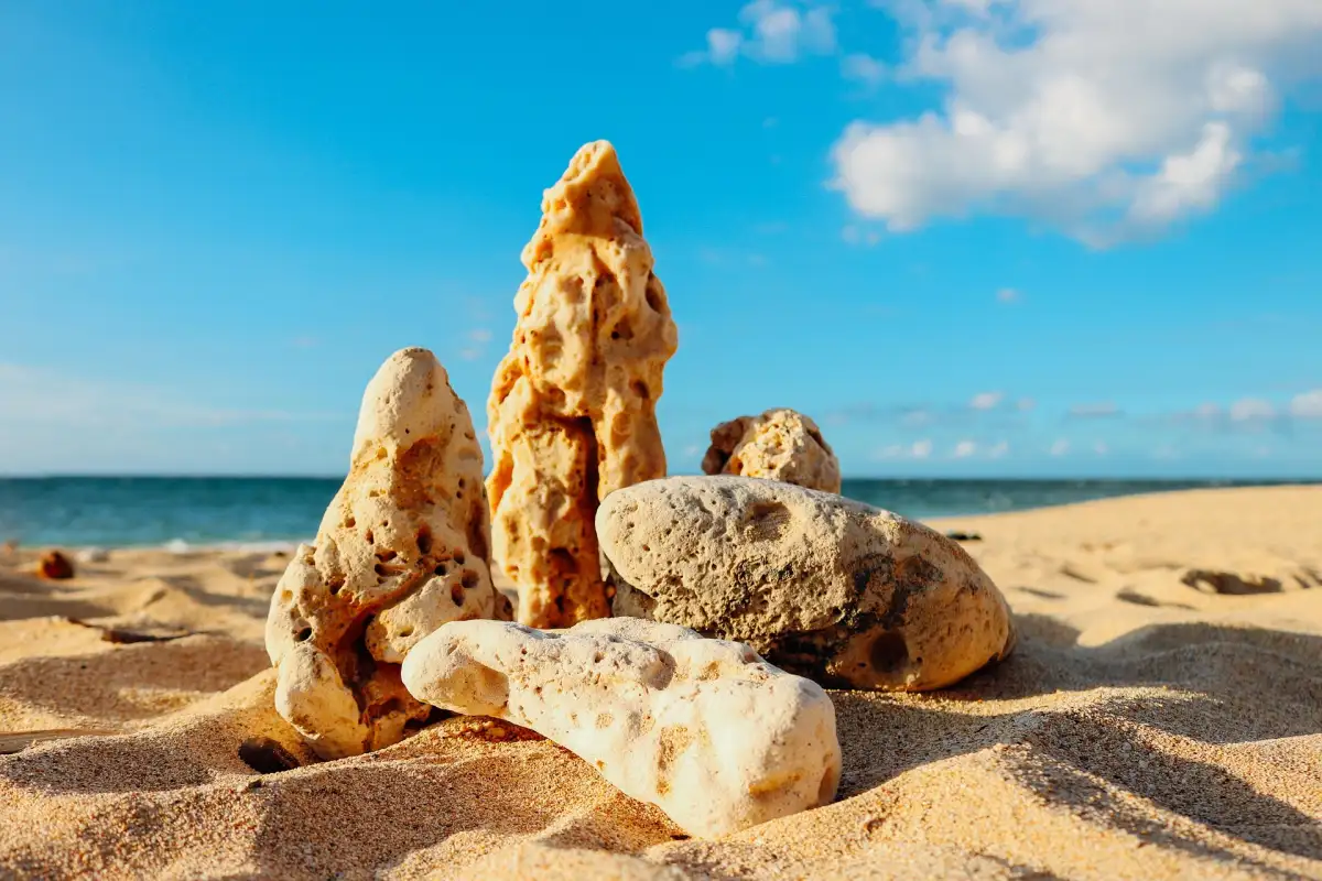 Arranged rocks on Maui golden sand beach under a clear blue sky.