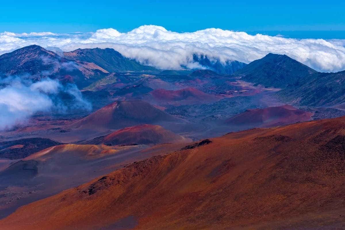 Haleakala A stunning landscape of Haleakalā Volcano in Maui, highlighting its expansive crater and unique geological formations.