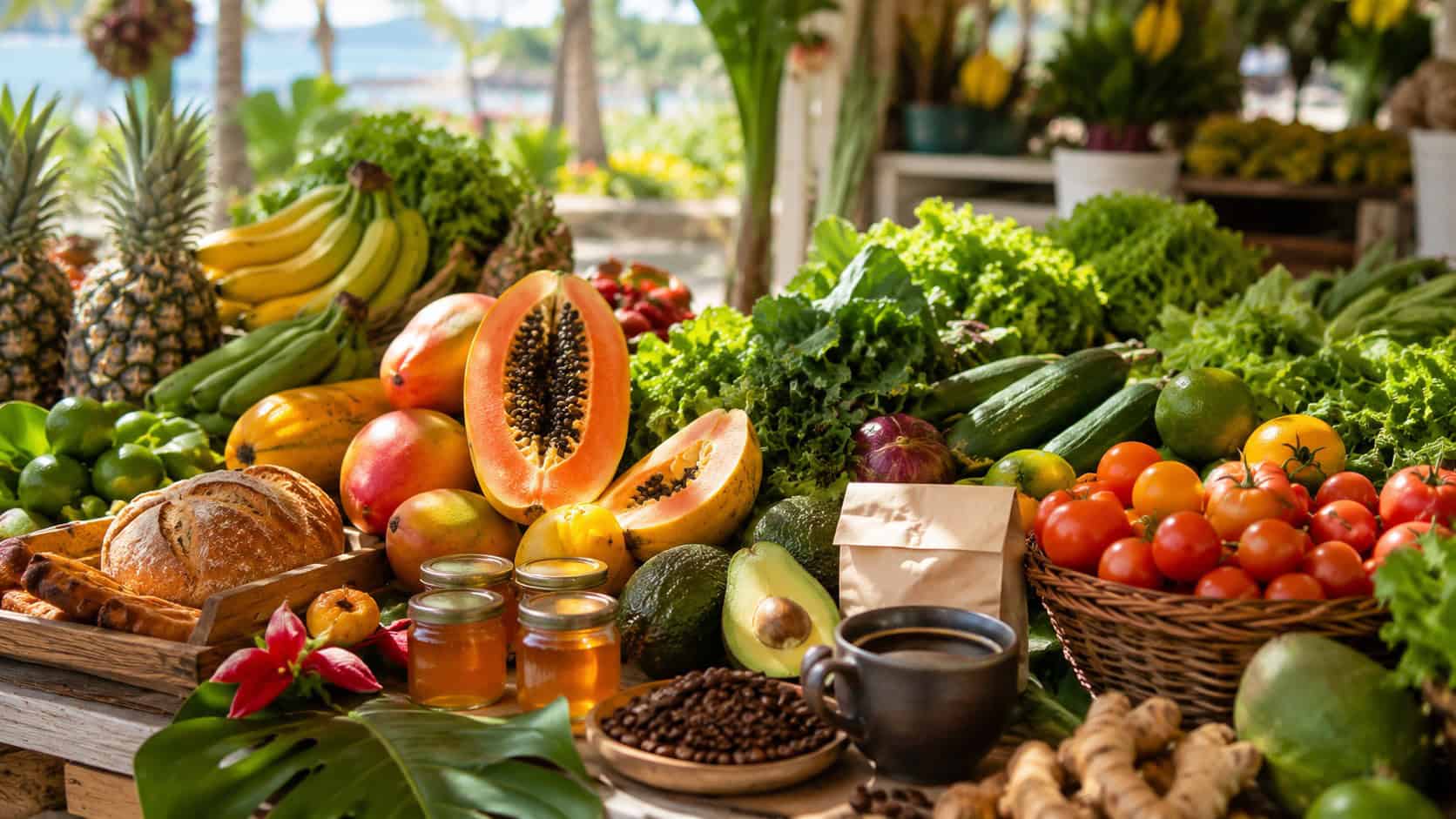 Fresh tropical produce, local honey, bread, and Kona coffee at a Big Island farmers market.
