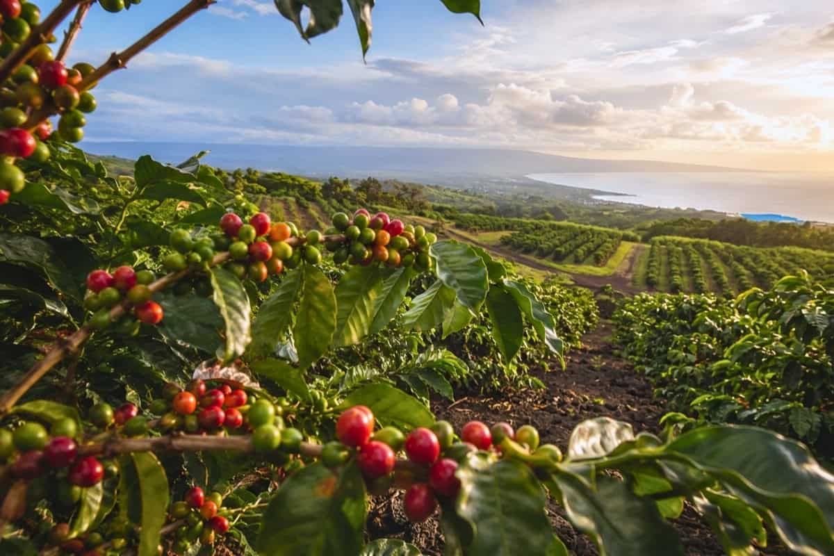 Big Island Kona Coffee Farm Ripe coffee cherries overlooking a lush Kona coffee farm and coastline on the Big Island.