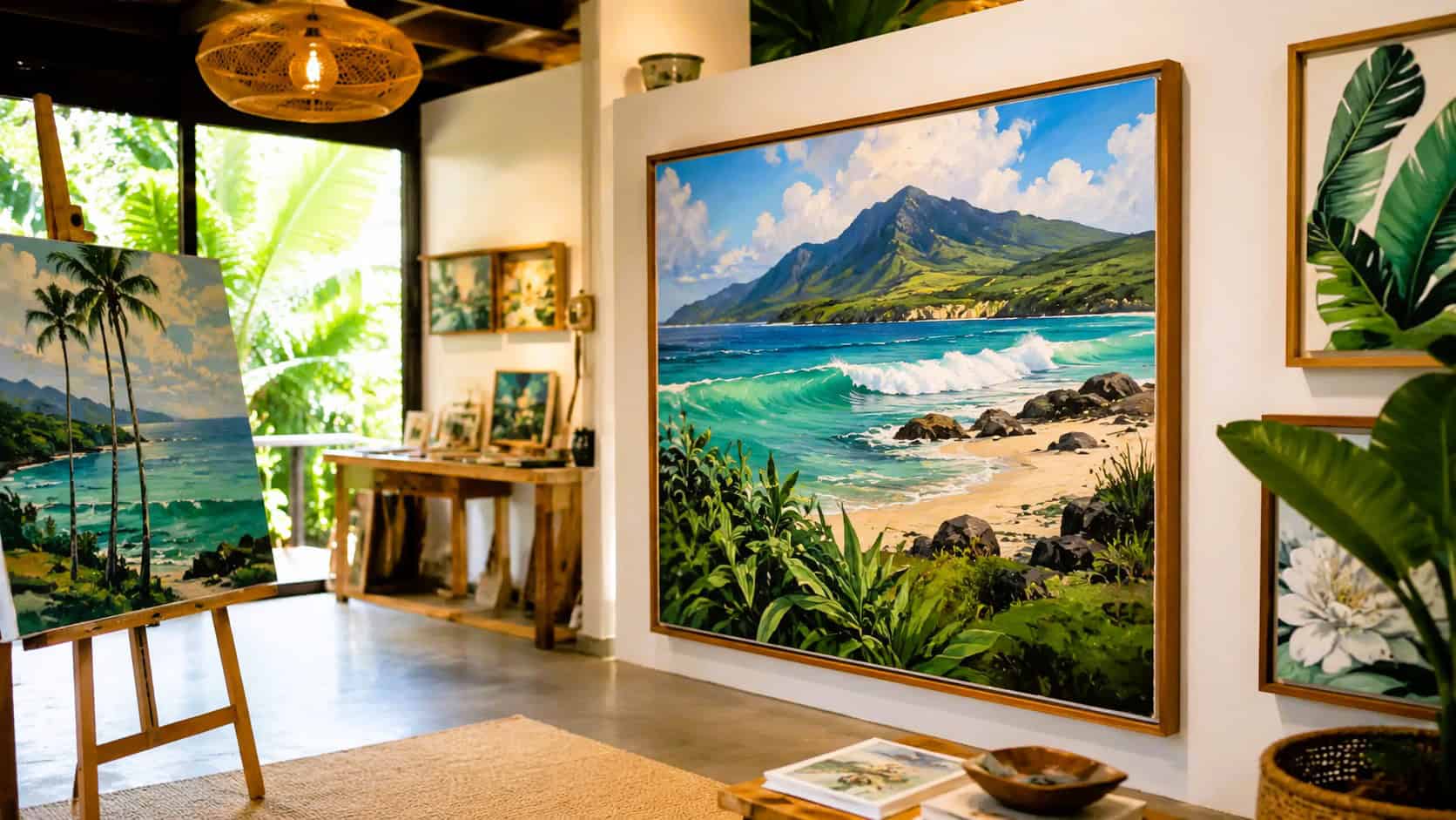 Maui Art Gallery Local Artists Maui art gallery featuring colorful island-inspired paintings and tropical artwork.