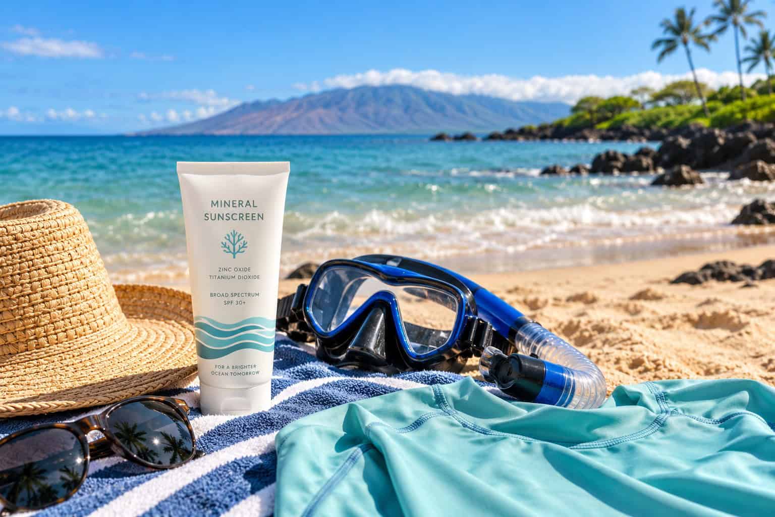 Reef Safe Sunscreen in Maui Mineral sunscreen and snorkel gear on a Maui beach.