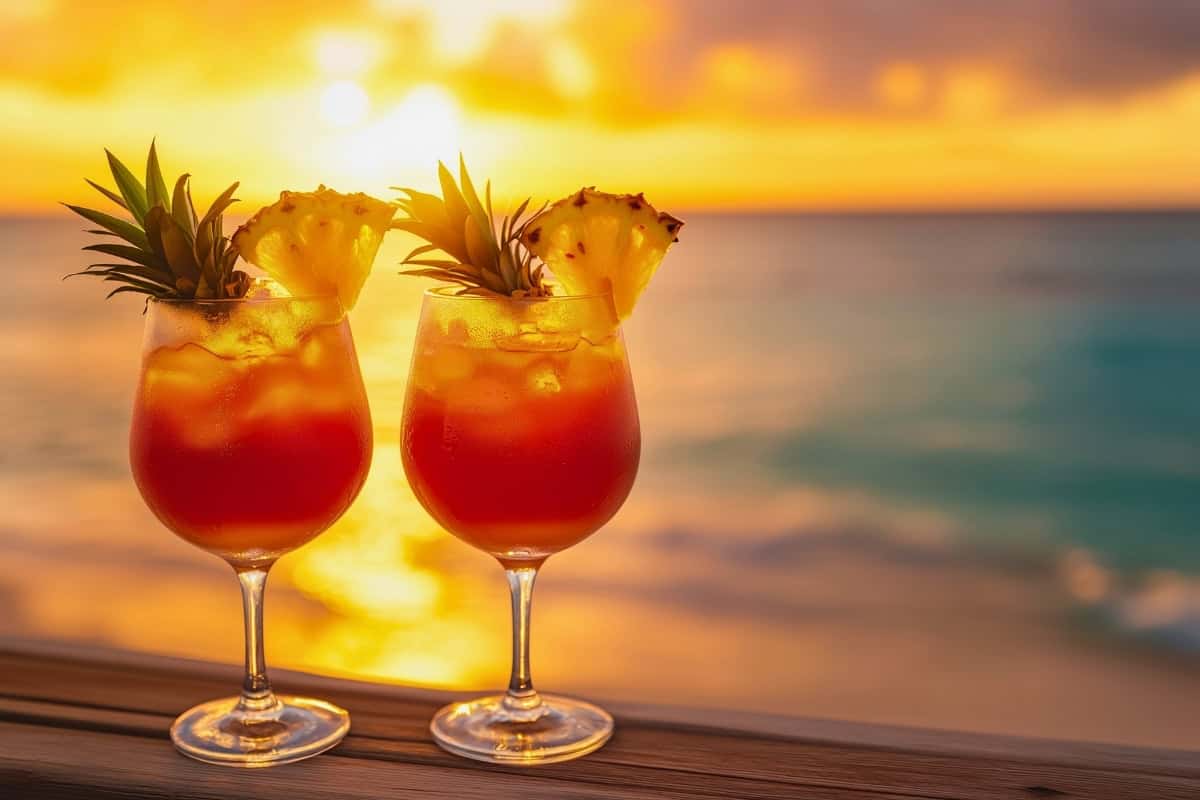 Big Island Sunset Cocktails By The Ocean Two tropical pineapple cocktails overlooking the ocean at sunset on the Big Island.